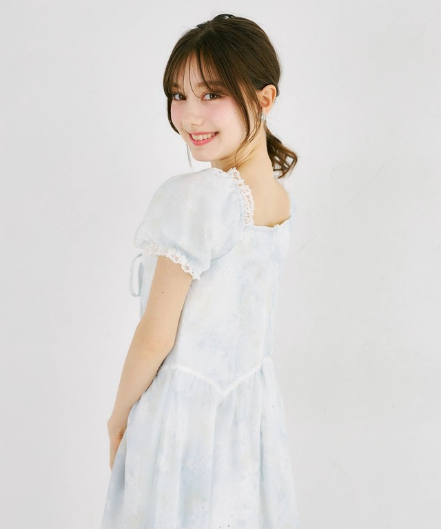 レーストリミング水彩フラワープリントミニワンピース