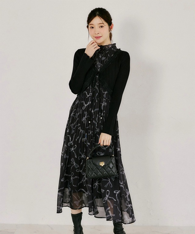 【美品】2025✨完売品✨ルルウィルビー ラメボレロ ニット 美ライン 黒 リボン付きレースラインケーブルミックスボレロ