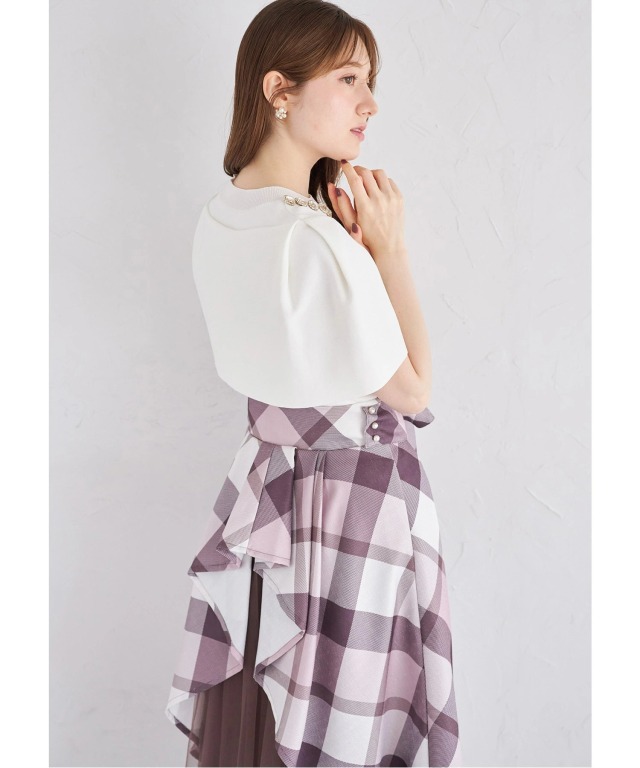 3WAYリボン付き後ろチュールフリル切り替えチェックプリント