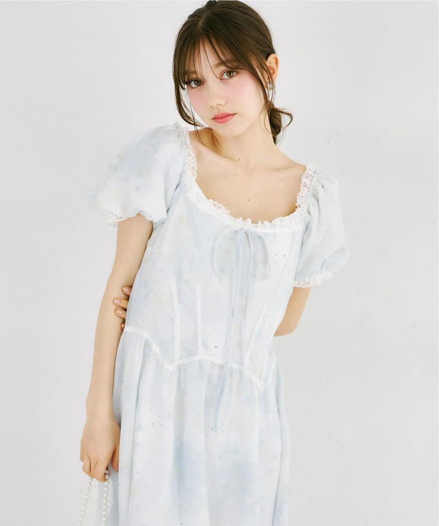 レーストリミング水彩フラワープリントミニワンピース