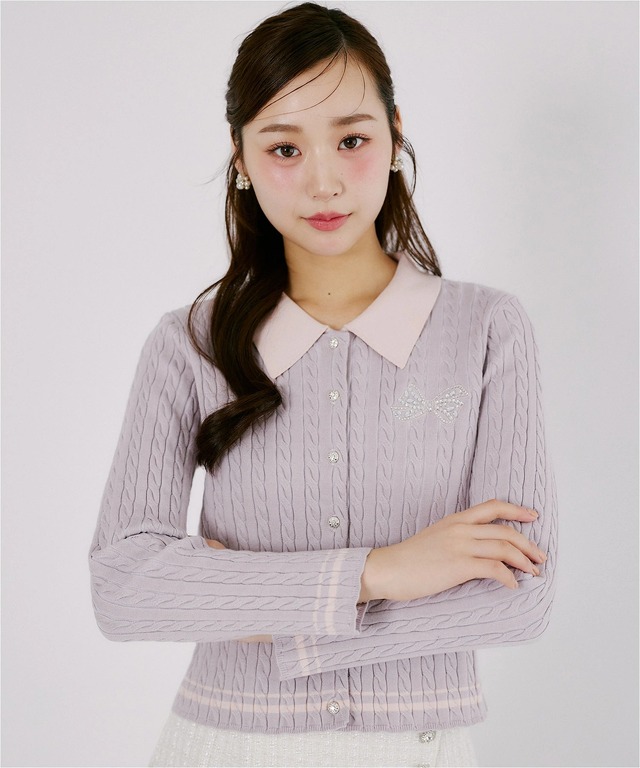 リボンビジュー刺繍ケーブル柄バイカラーカーディガン
