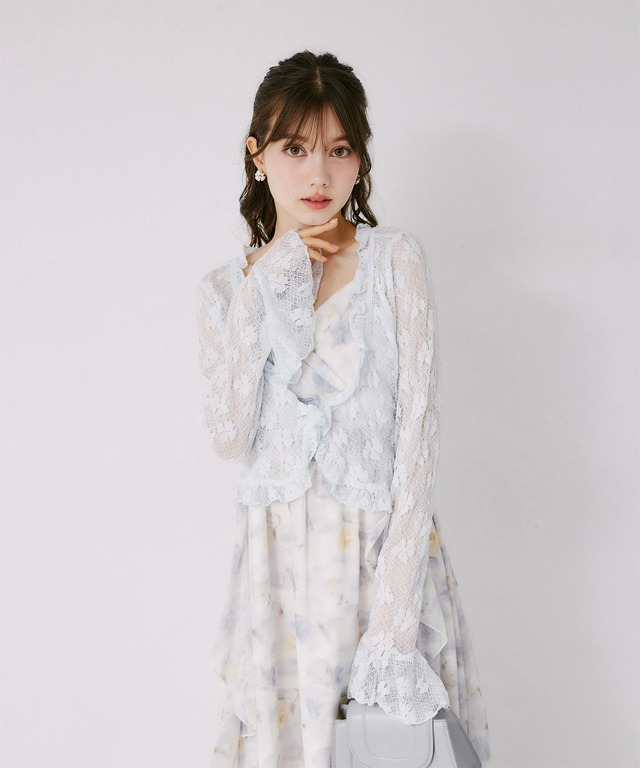 フリルカーディガン×水彩フラワーキャミワンピースセット