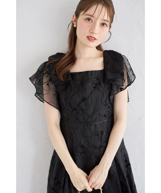 【SUKALA】新品 リボンフラワープリント/ブラック Sサイズ 3点セット リボンラッフルスリーブラインフロッキーフラワーワンピース