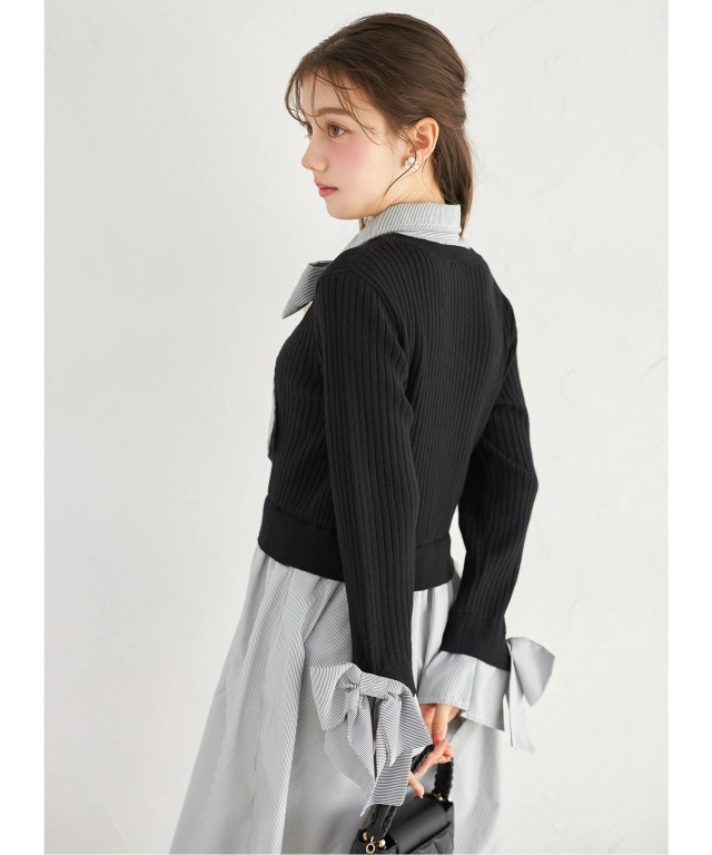 ２ＷＡＹボウタイリボン付きニットドッキングシャツワンピース ネイビー 2WAYボウタイリボン付きニットドッキングシャツワンピース