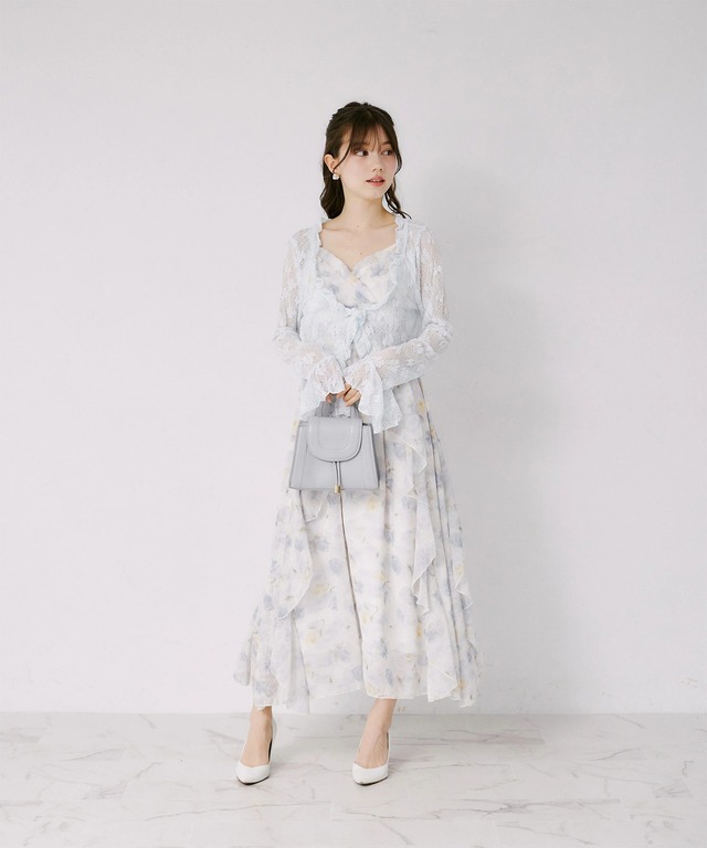フリルカーディガン×水彩フラワーキャミワンピースセット