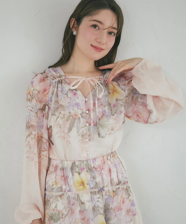専用【新品含む 付属品あり】セットアップ 花柄フレアスリーブ ブラウス&スカート バードフラワーパネルプリントブラウス×フレアスカートセットアップ