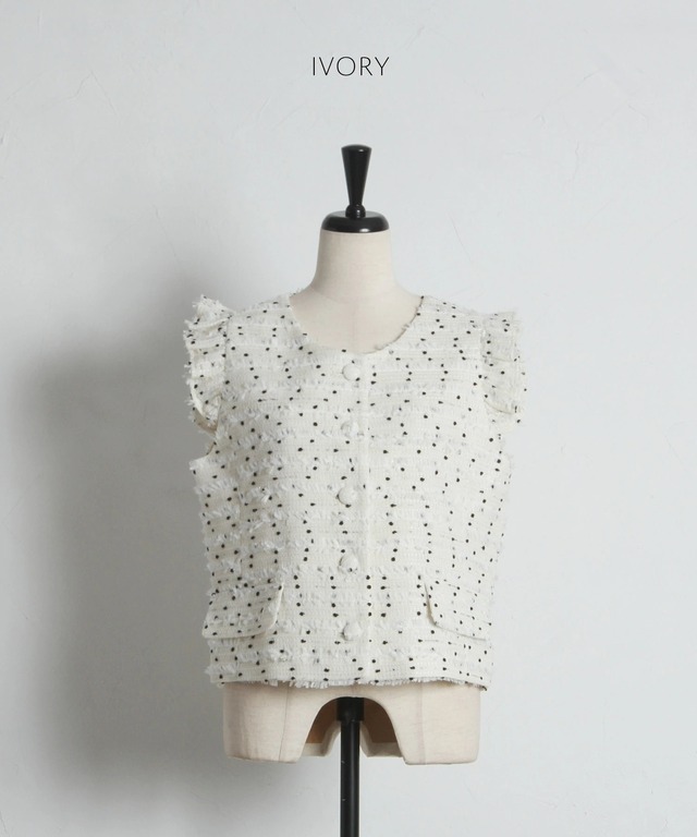 coco❤︎☆ツイードジレ ドットツイード　リボンドット　ベストtweed ドット柄フリルツイードベスト