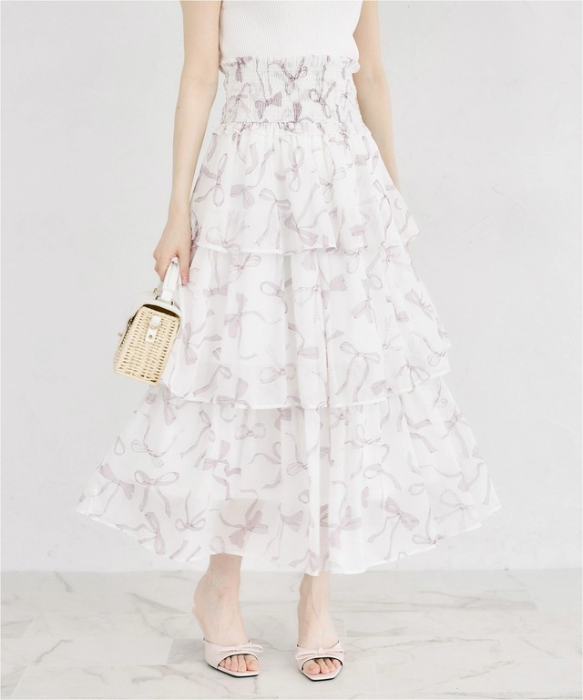 Christian Dior シルク リボン 異素材切替 アイボリー スカート ウエストシャーリングリボンプリントシフォンティアードスカート