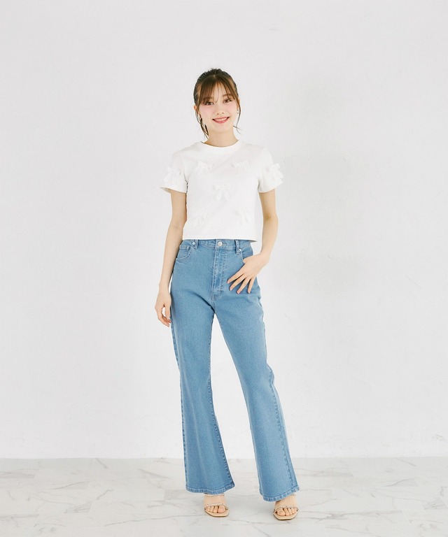 バックシアーリボン付きセミフレアストレッチデニムパンツ