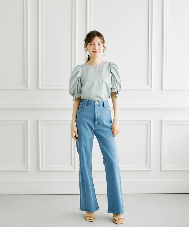 バックシアーリボン付きセミフレアストレッチデニムパンツ