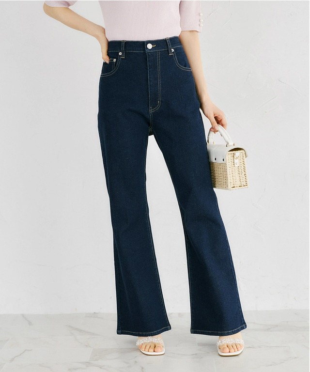 バックシアーリボン付きセミフレアストレッチデニムパンツ