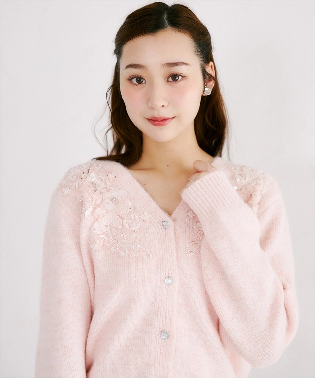 立体フラワースパンコールビーズ刺繍ニットカーディガン