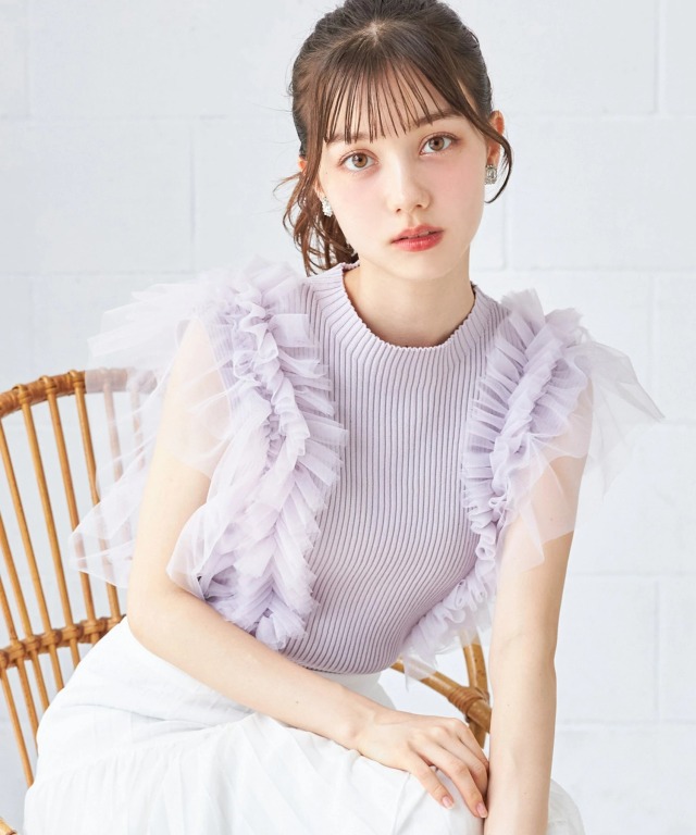 チュールフリルブラウス チュールフリルブラウス トップス ボリューム袖 結婚式 同窓会