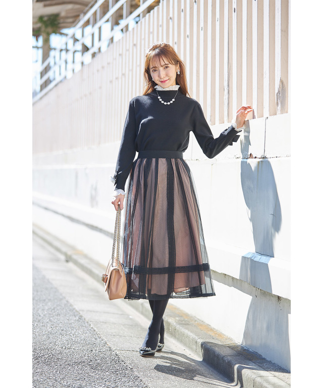 CHICWISH(シックウィッシュ)｜ポインテールレースニットスカート VIS(ビス) / フリンジクロシェメッシュニットスカート (スカート