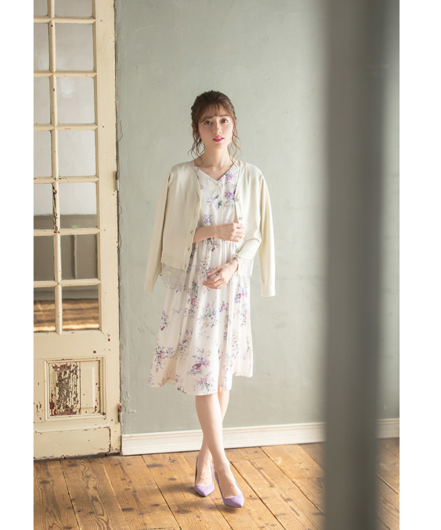 ワンダフルワールド ロングワンピース フレア 花柄 ブーケ レース  