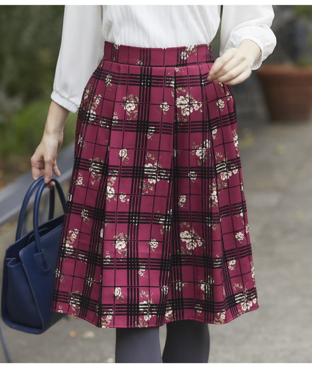 華感セピアフラワー×フロッキーチェックプリントタックスカート 宮田  