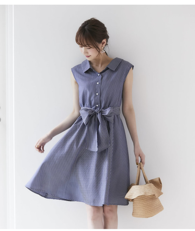 バックりぼんデザイン抜き襟風上品ストライプシャツワンピース Jalare ジャラーレ Tocco Closet トッコクローゼット Collection バックりぼんデザイン抜き襟風上品ストライプシャツワンピース Jalare ジャラーレ Tocco Closet トッコクローゼット Collection