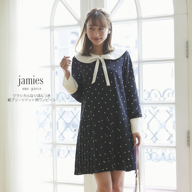 クラシカルなりぼんつき裾プリーツドット柄ワンピース【jamies 