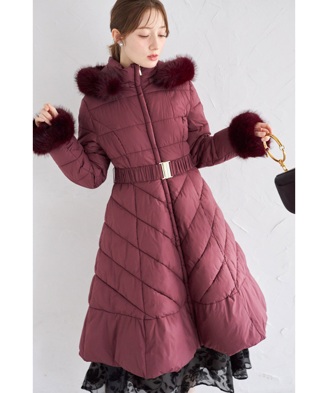 高級 EPOCA ダウンコート ラクーンファー キルティング ベルト付 黒 40 ラクーンファー ダウンフード ドットボタン仕様 582908,582919