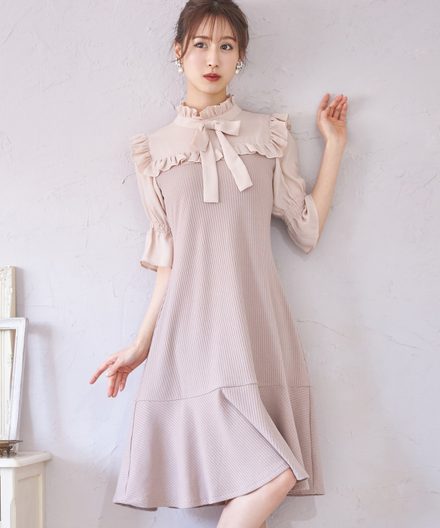 ウエストりぼん付き開襟シャツ チュールドッキングワンピース