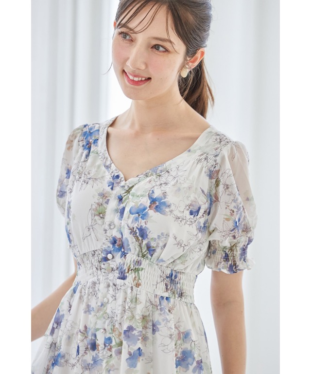 フロント飾り釦付きシャーリング水彩フラワープリントワンピース 