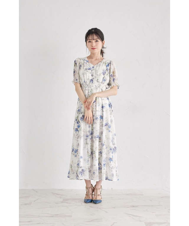 フロント飾り釦付きシャーリング水彩フラワープリントワンピース 