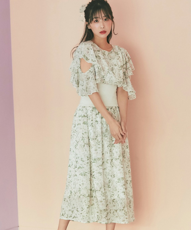 ウエストリブ切り替えフラワープリントオープンショルダーワンピース