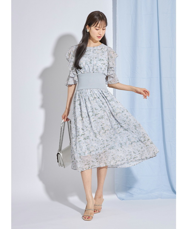 ウエストリブ切り替えフラワープリントオープンショルダーワンピース