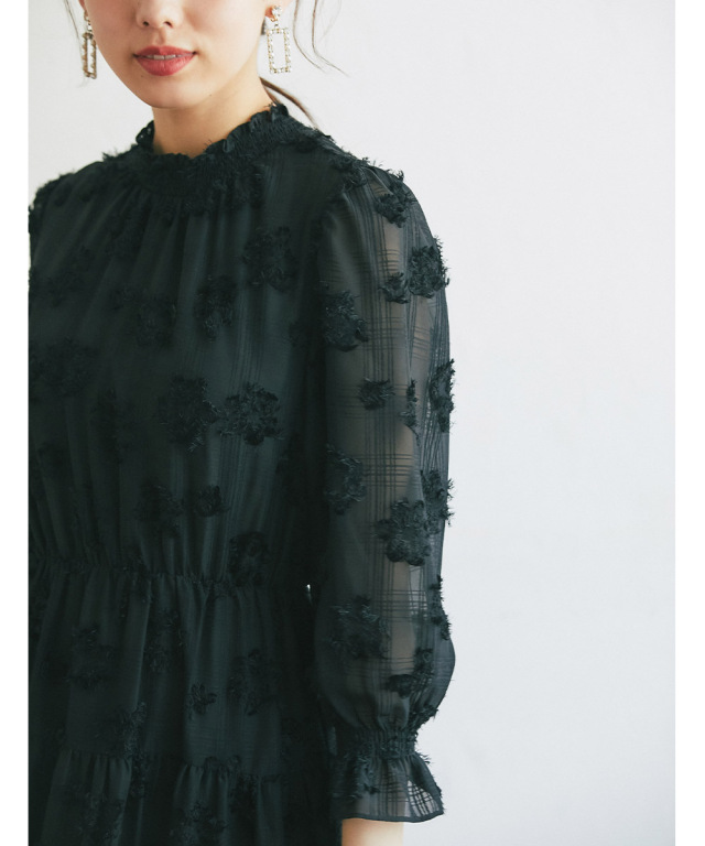 シアーチェック フリンジジャガードシャーリングティアードワンピース