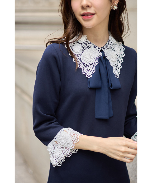 2WAYりぼん付き立体フラワーレース切り替えワンピース 