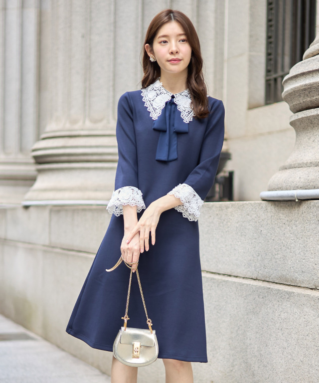 2WAYりぼん付き立体フラワーレース切り替えワンピース 