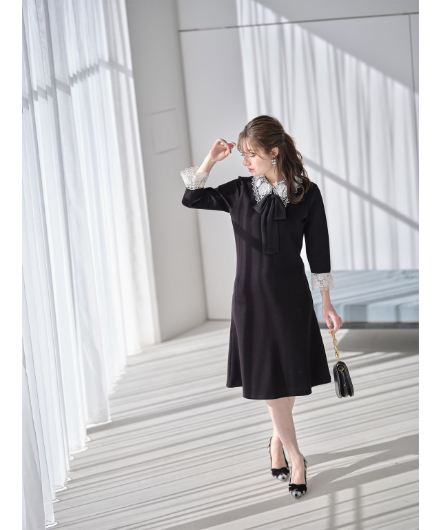 2WAYりぼん付き立体フラワーレース切り替えワンピース 