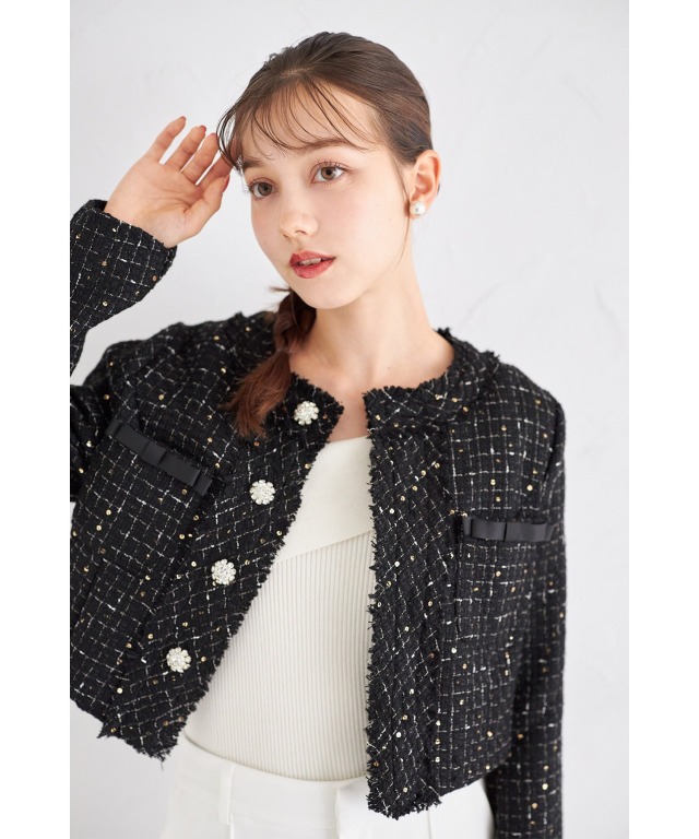 ポケットリボン付きビジュー飾り釦スパンコールツイードジャケット 