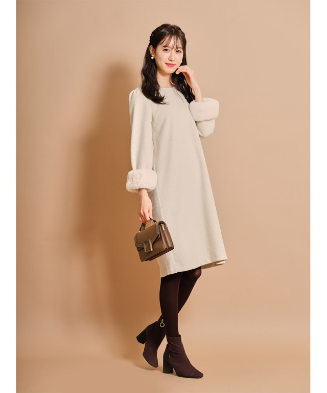 取り外し可能な袖口ファー付きニットツイードワンピース 
