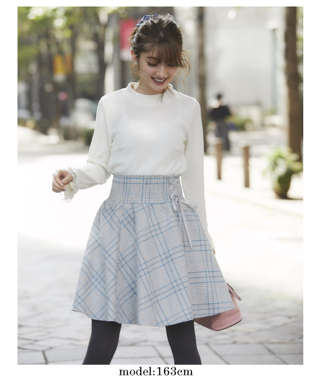 サイドレースアップデザインチェック柄ウエストシャーリングフレアスカート 