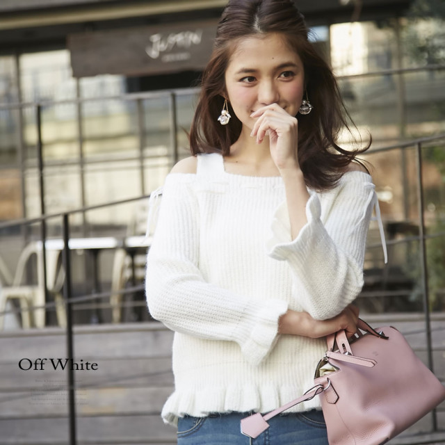 りぼん×フリルのほわほわ愛されオフショルダーニットプルオーバー  