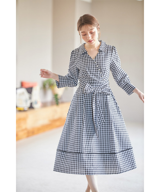 ウエストりぼん付きギンガムチェックカシュクールシャツワンピース  