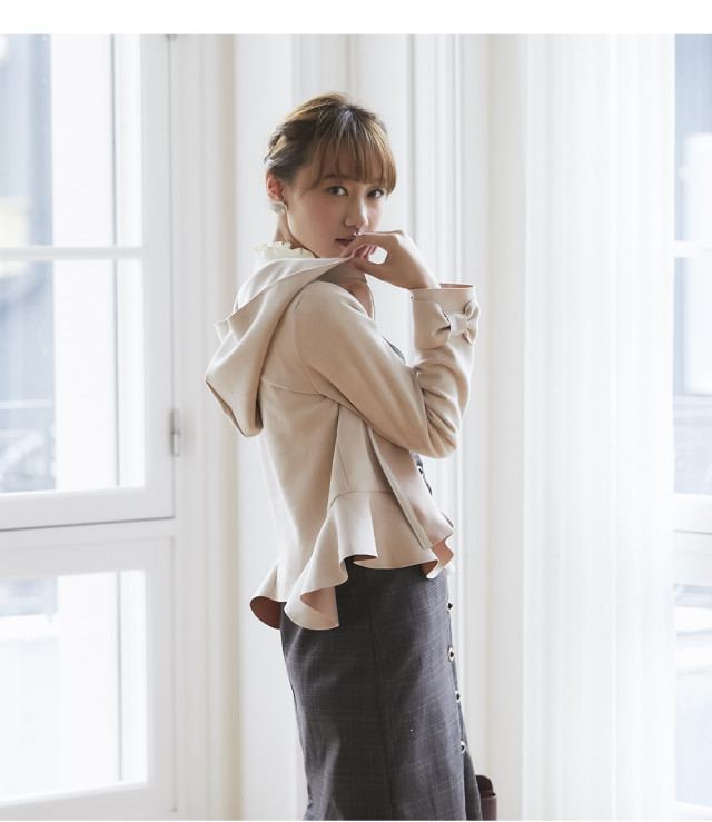 裾フリルデザイン袖りぼんフェイクスエードパーカー【jites ジテス