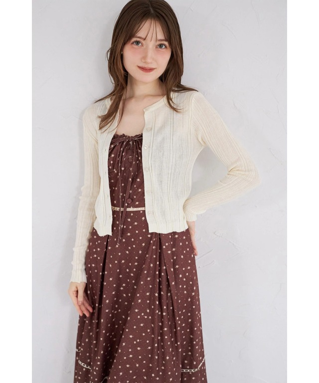 ハート釦ニットカーディガン×小花柄プリントワンピースセット