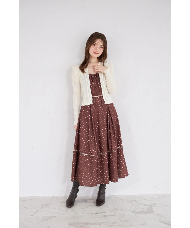 ハート釦ニットカーディガン×小花柄プリントワンピースセット