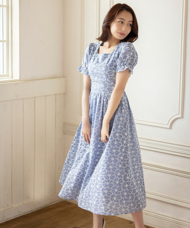 フラワーカットワークレース刺繍バイカラーワンピース