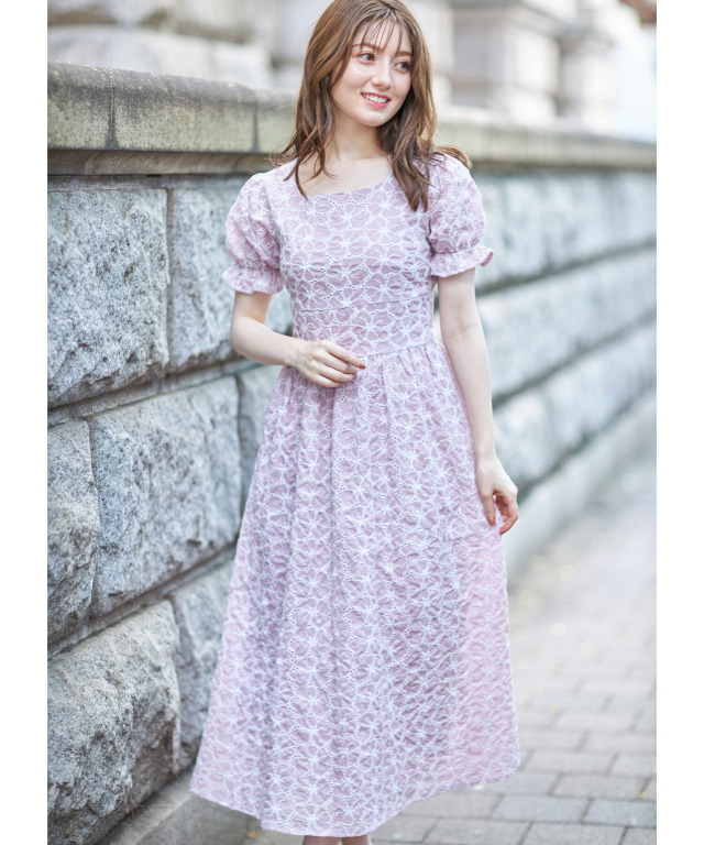 フラワーカットワークレース刺繍バイカラーワンピース
