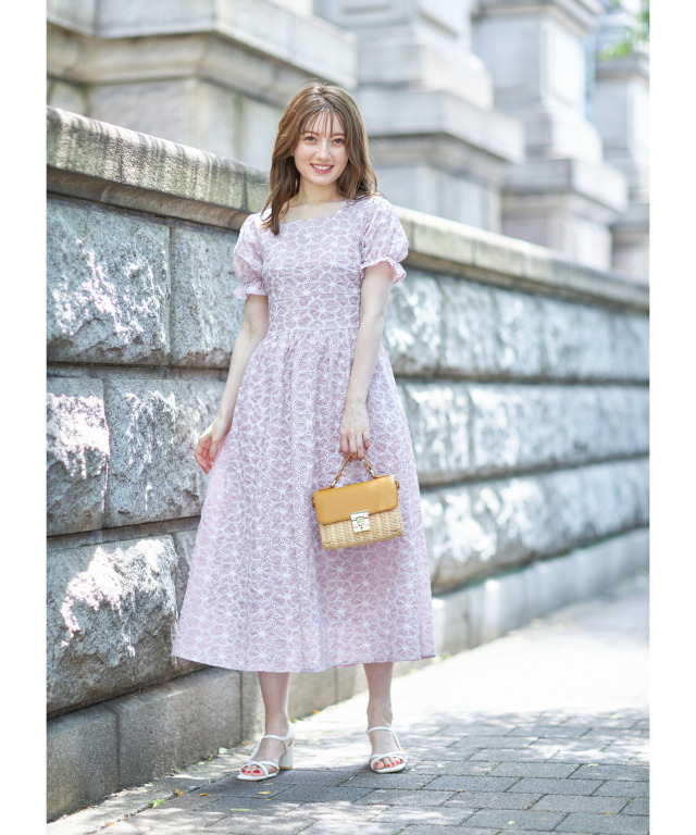 フラワーカットワークレース刺繍バイカラーワンピース 