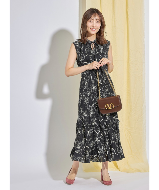 ペチコート付きりぼん装飾ラインフラワープリントプリーツワンピース