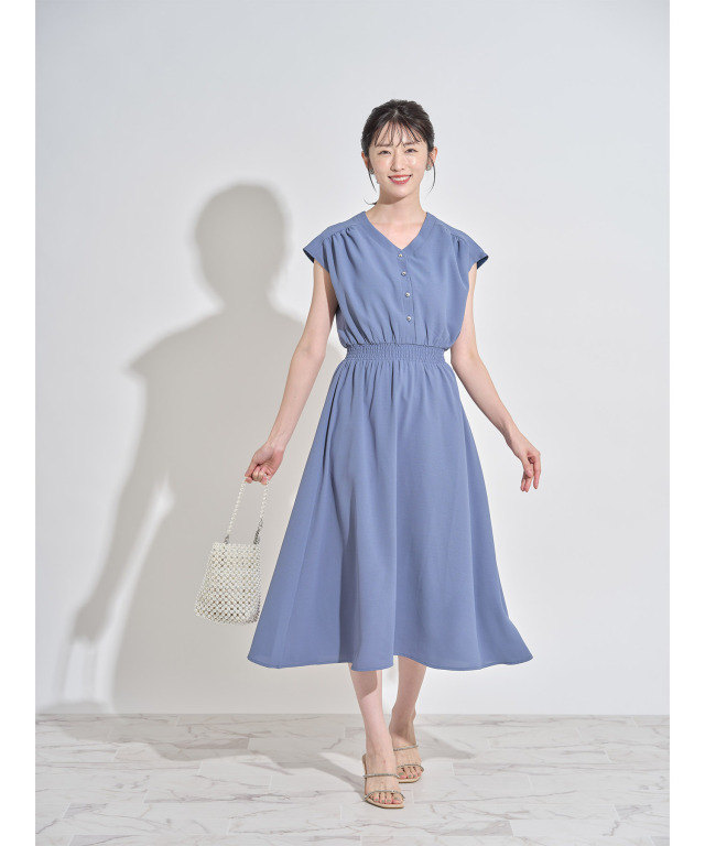 Rochelin Double Flat Collar Flared Dress ワンピース フロント釦ウエストシャーリングワンピース