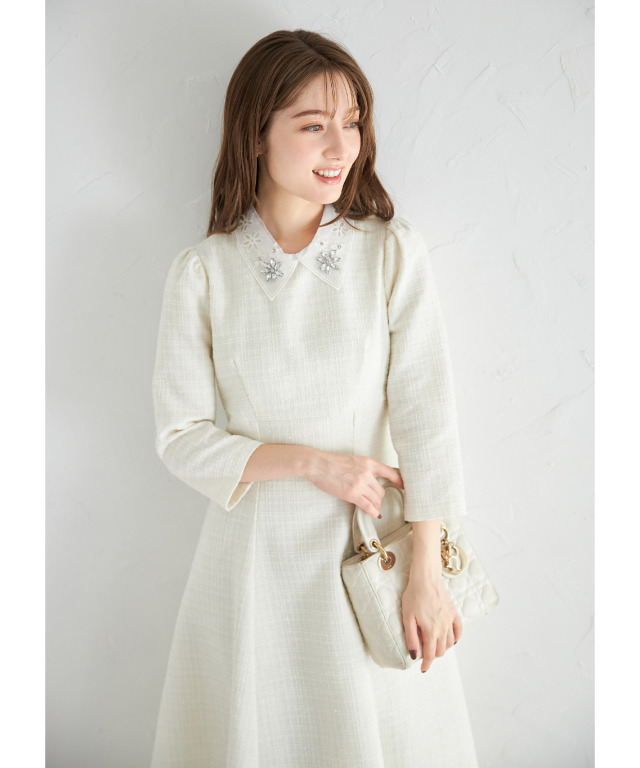 レース襟付きバックレースアップツイードワンピース 