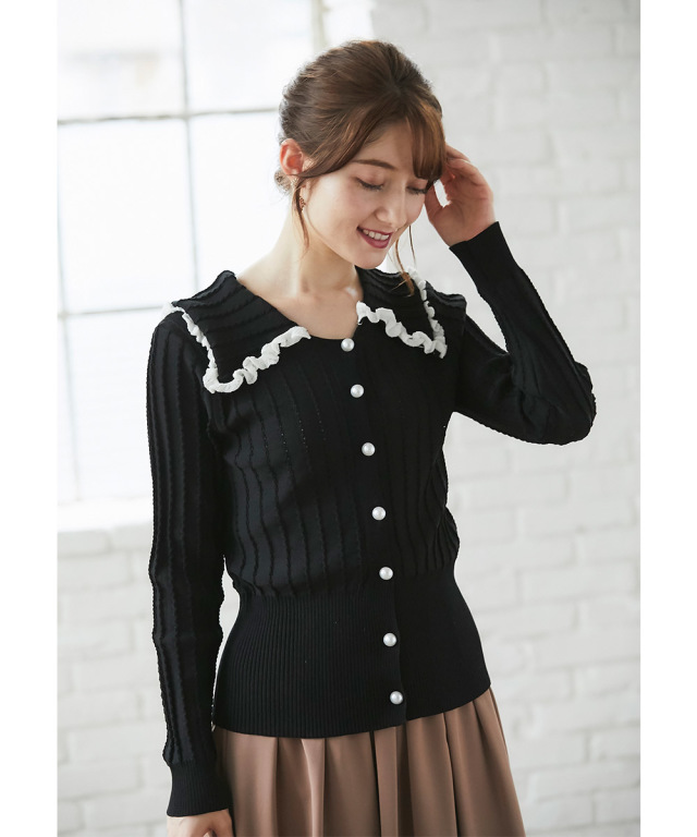 配色ライン入りプチフリル襟つきパール釦ニットカーディガン 