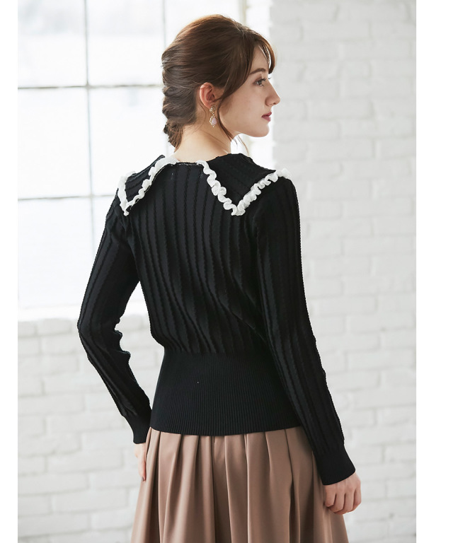 配色ライン入りプチフリル襟つきパール釦ニットカーディガン 