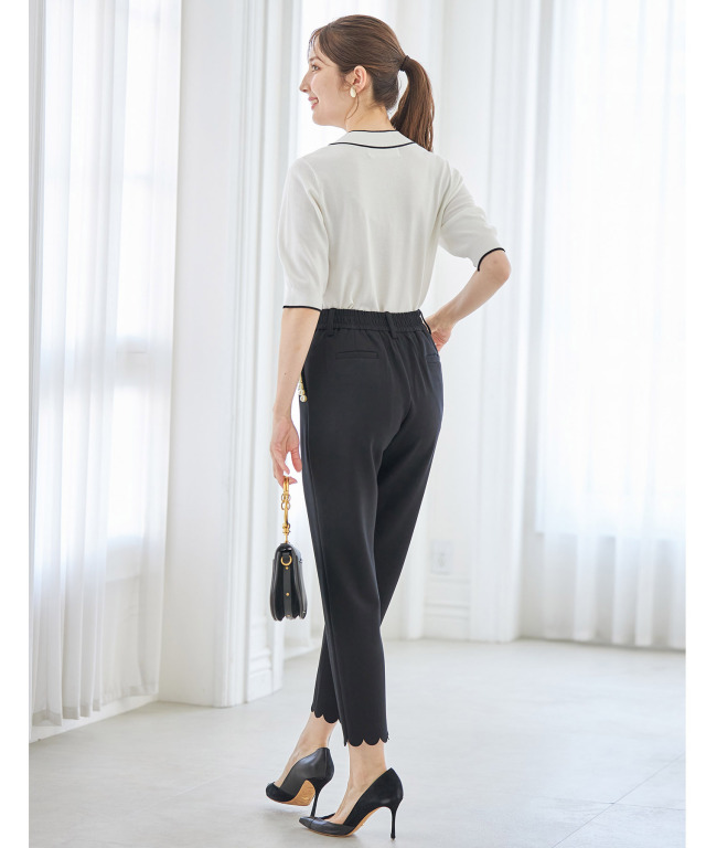 しばまる　白黒2枚 ポケットパール付き裾スカラップボンディングパンツ