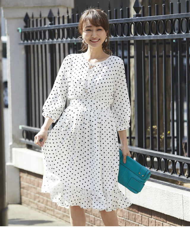 レトロヒロインなポルカドットミモレ丈ワンピース Dot Gingham Check Fair